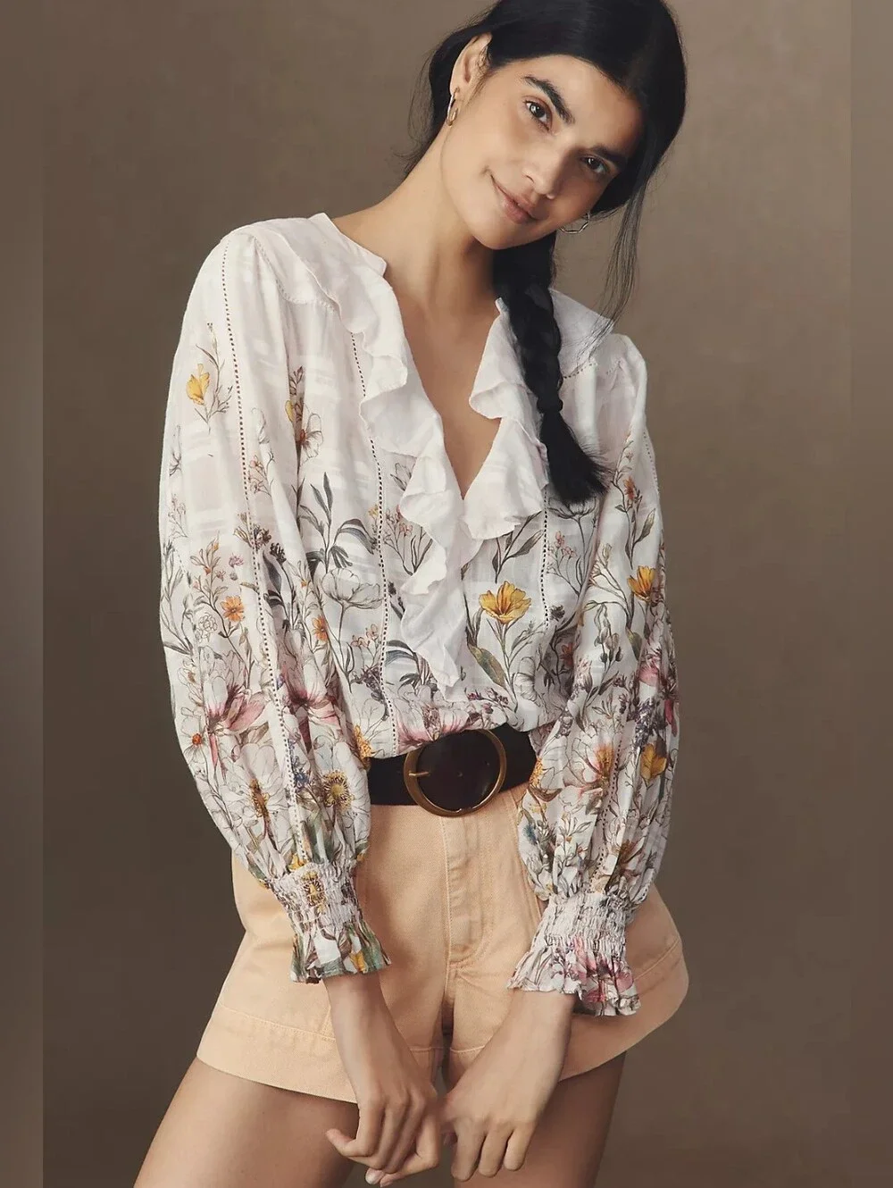 Anthropologie White Floral Ruffle V-Neck Blouse